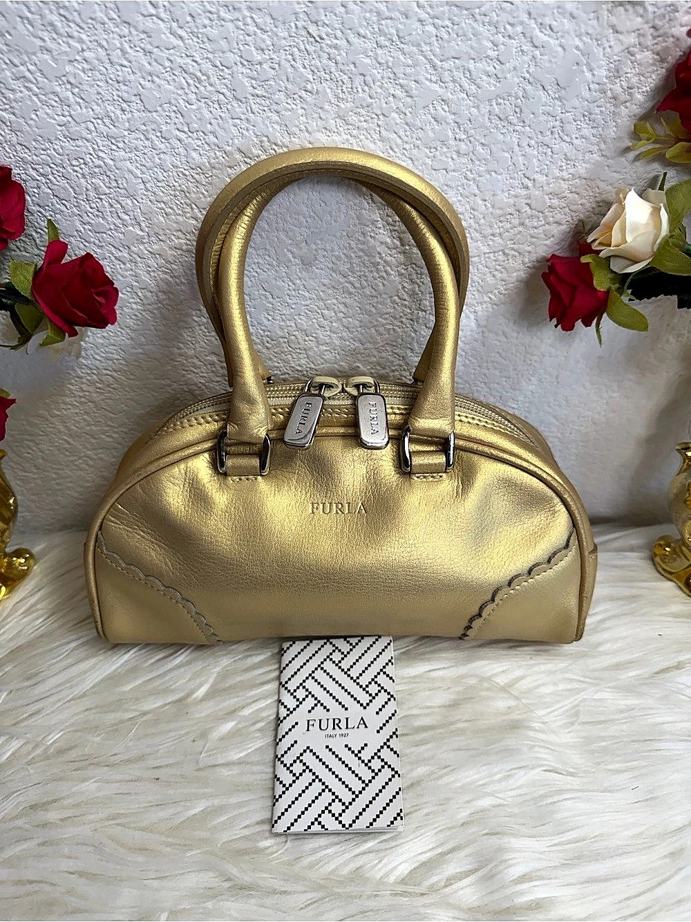 Furla Gold Leather Mini Satchel with Original Care Card; Size: 9”Wx5”Hx2.5”D